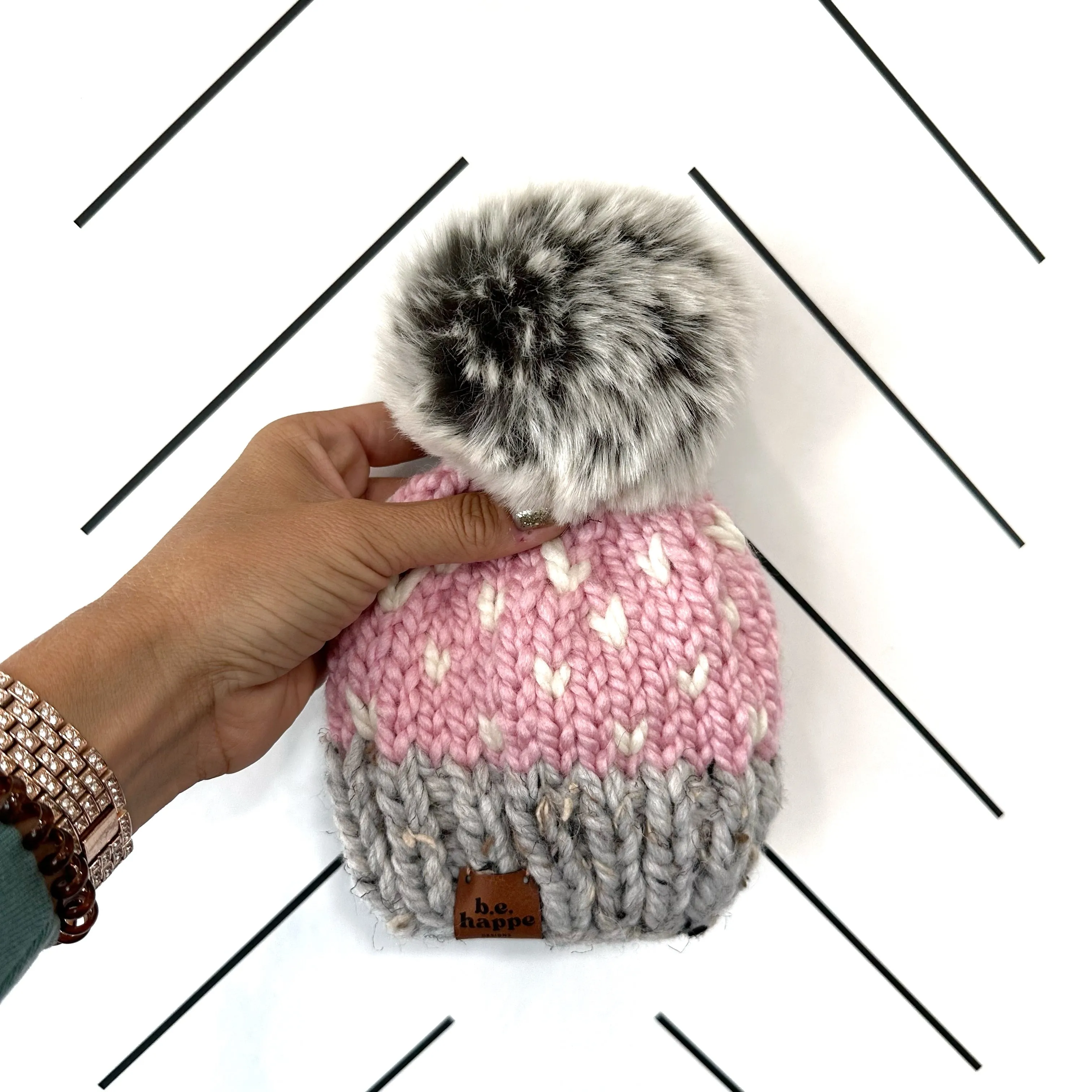 Adult Happe Hearts Knit Pom Hat | Blossom Pink   Grey   Off White