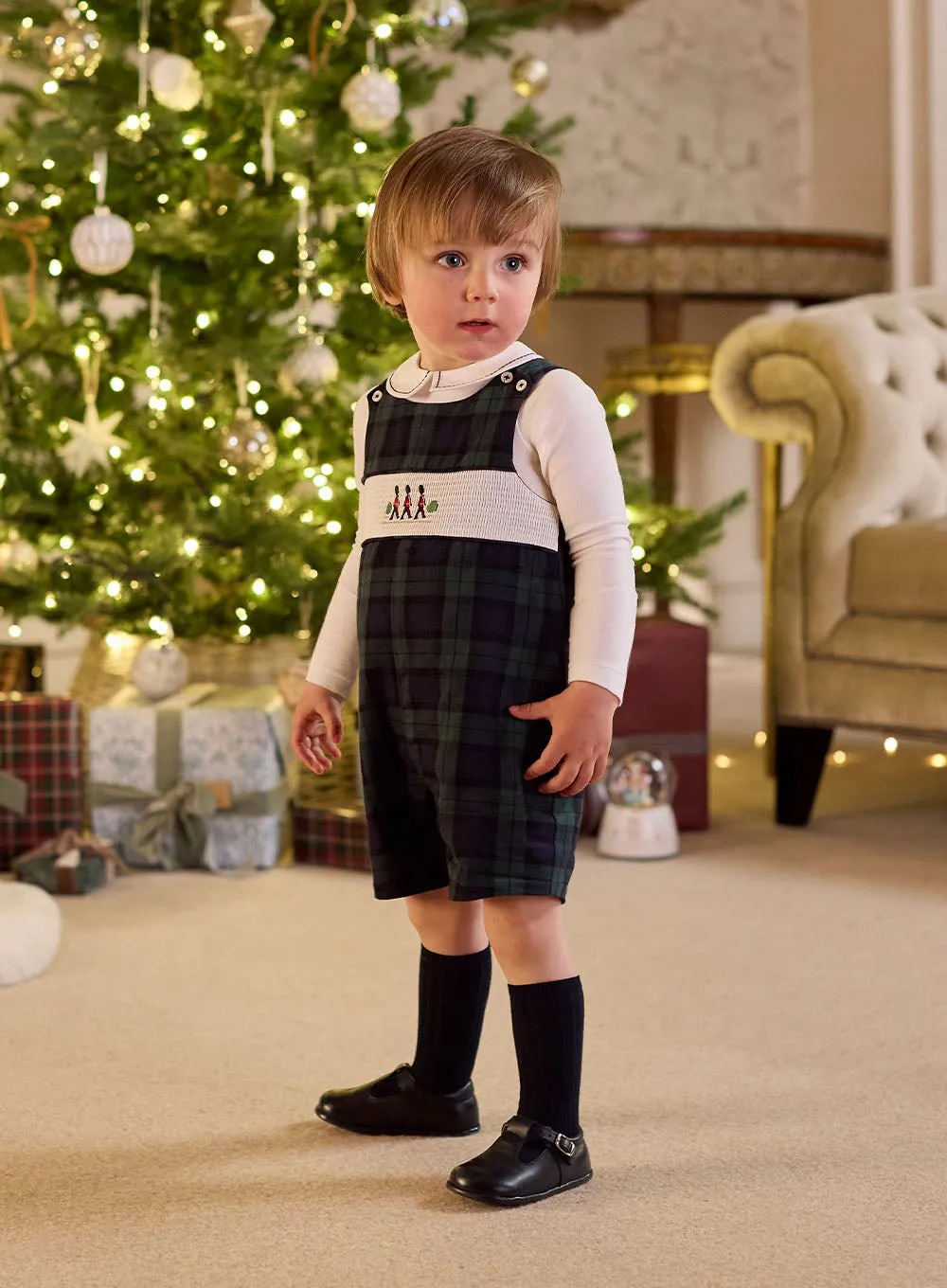 Baby Archie Smocked Romper in Navy Tartan