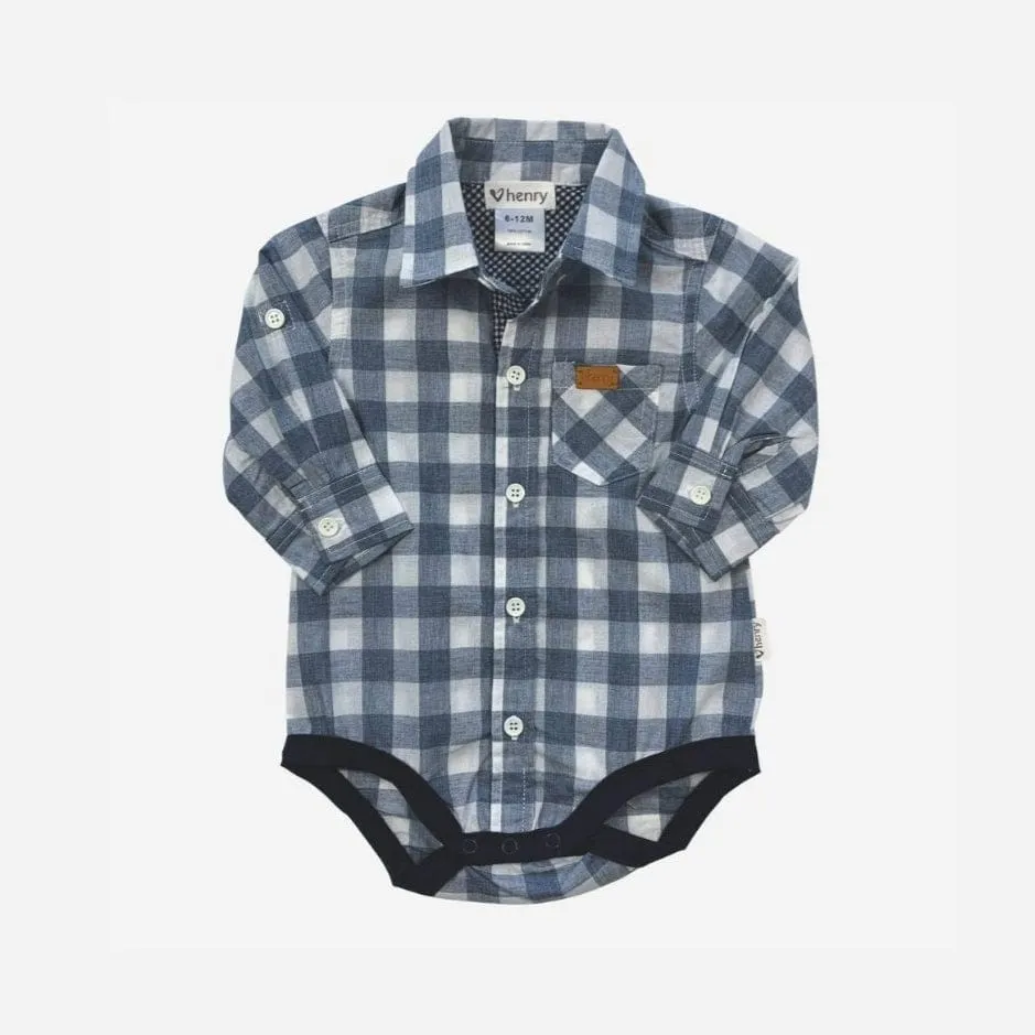 Baby Boys Dress Shirt Romper -  Large Blue Check