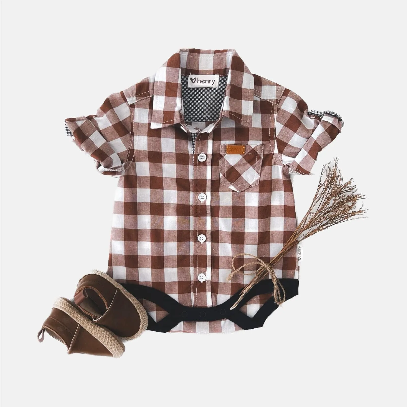 Baby Boys Dress Shirt Romper -  Large Bronze Check