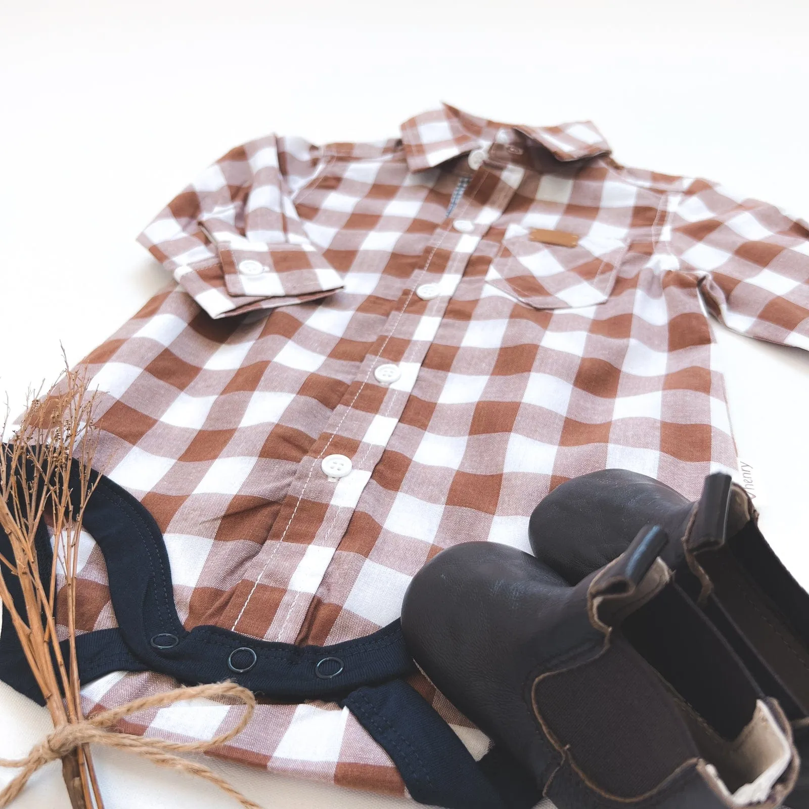 Baby Boys Dress Shirt Romper -  Large Bronze Check