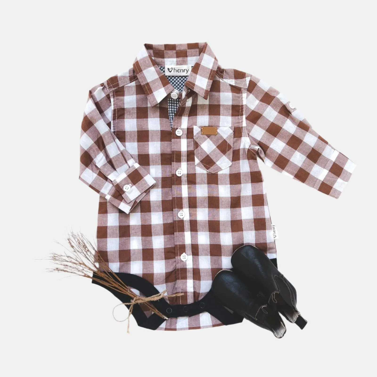 Baby Boys Dress Shirt Romper -  Large Bronze Check