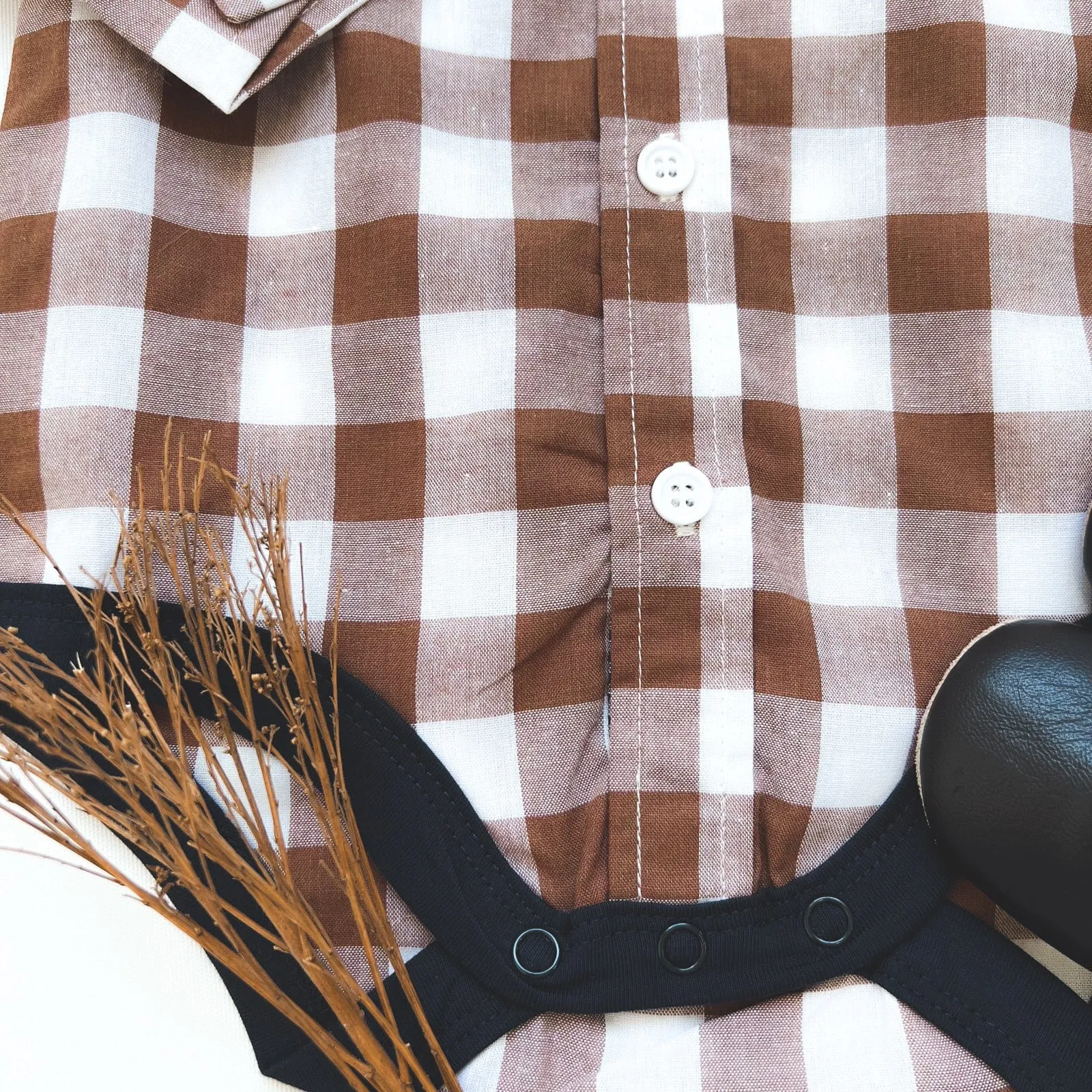 Baby Boys Dress Shirt Romper -  Large Bronze Check
