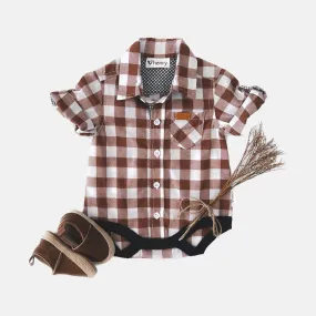 Baby Boys Dress Shirt Romper -  Large Bronze Check