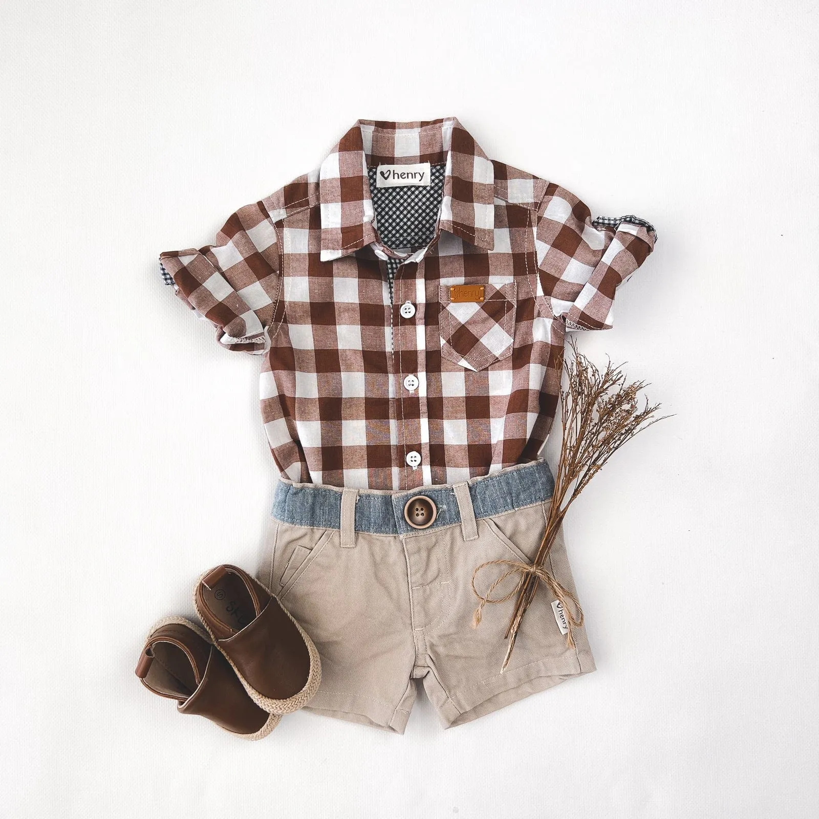 Baby Boys Dress Shirt Romper -  Large Bronze Check