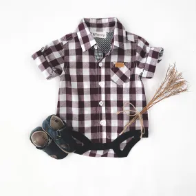 Baby Boys Dress Shirt Romper -  Large Maroon Check
