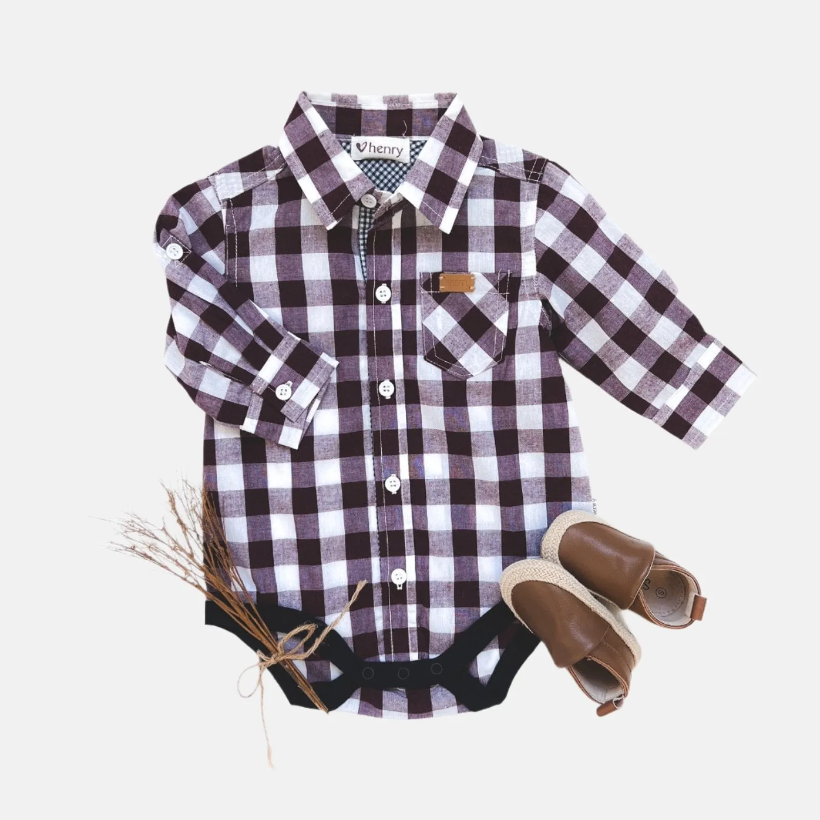 Baby Boys Dress Shirt Romper -  Large Maroon Check