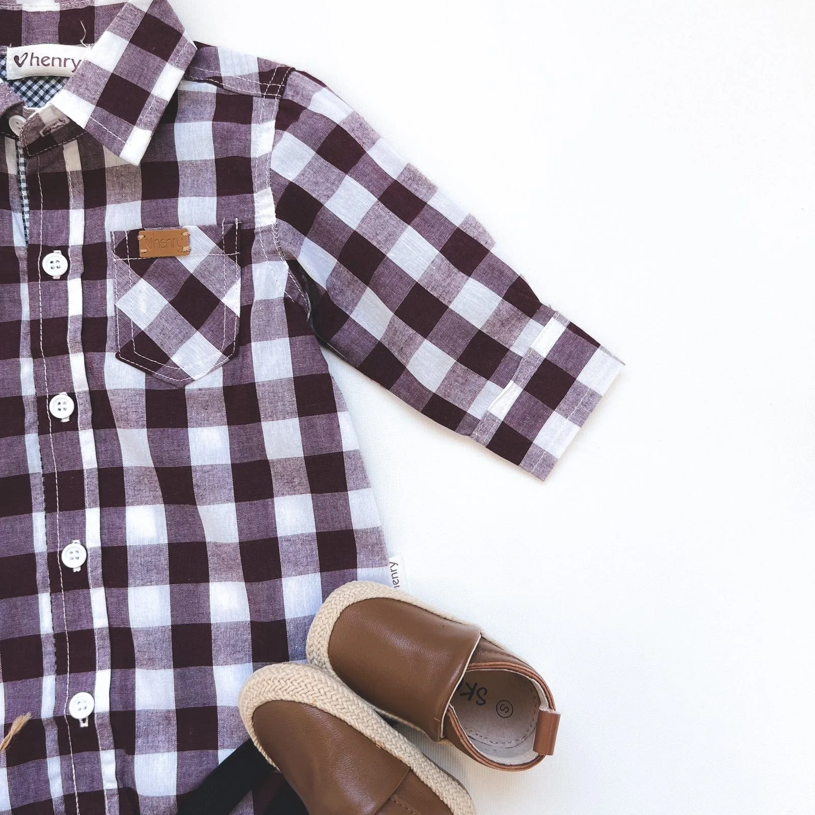 Baby Boys Dress Shirt Romper -  Large Maroon Check