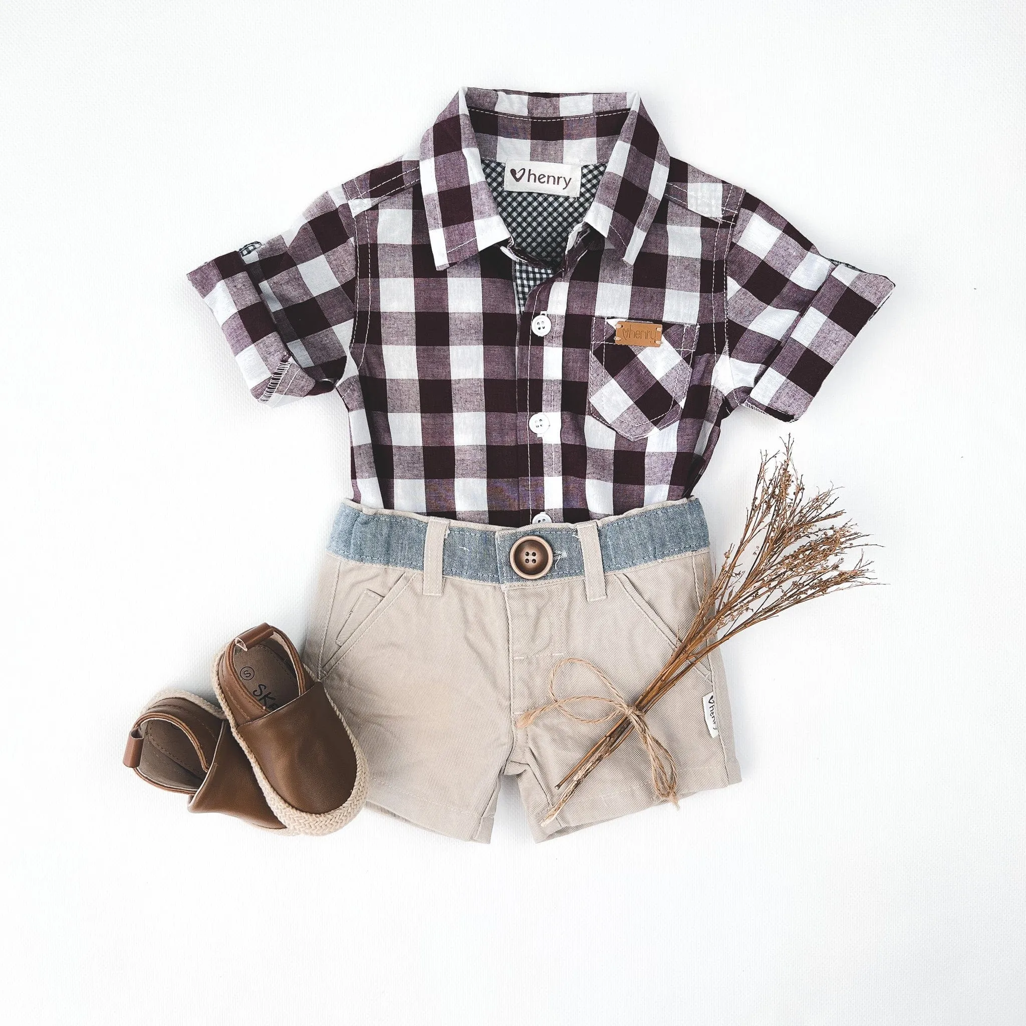 Baby Boys Dress Shirt Romper -  Large Maroon Check