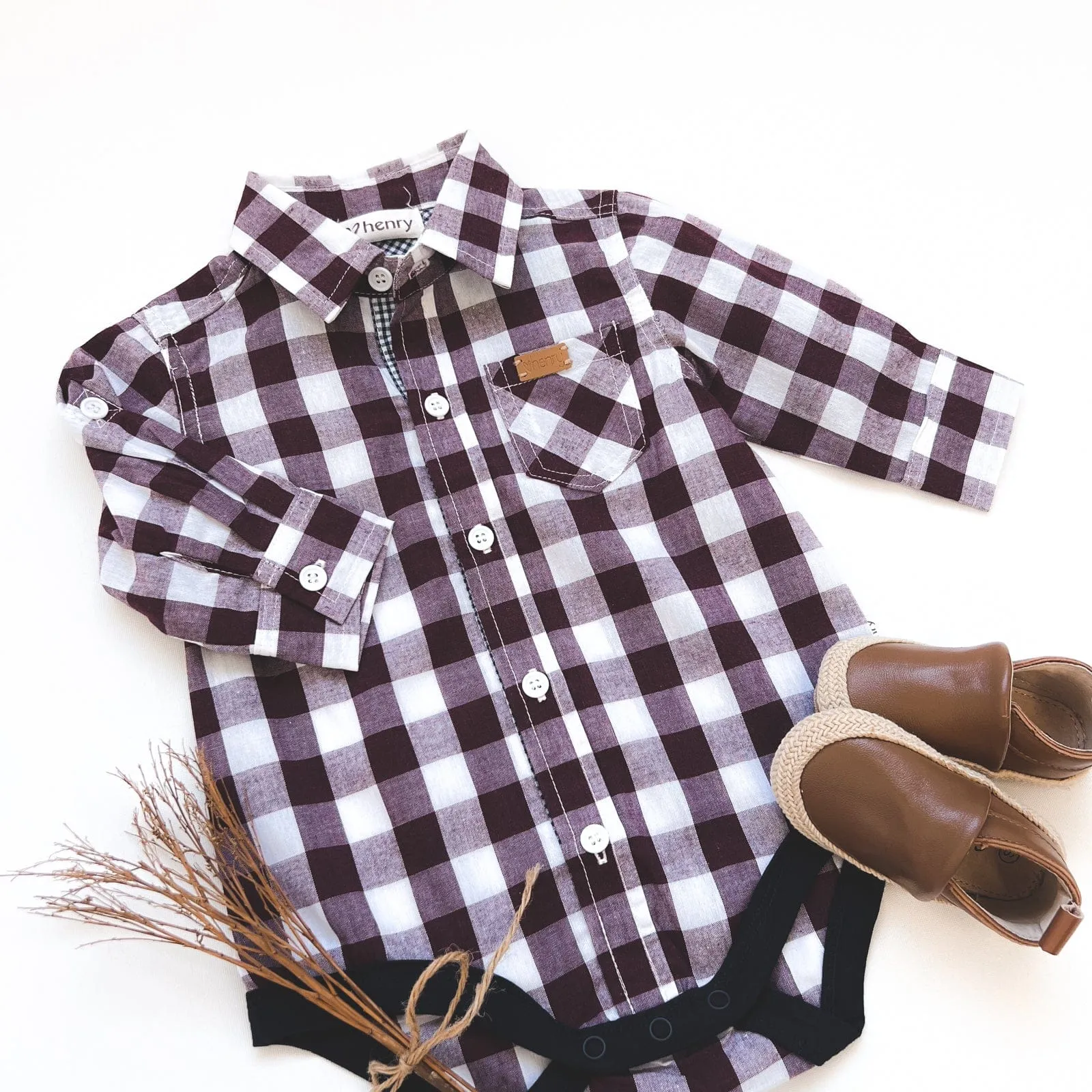 Baby Boys Dress Shirt Romper -  Large Maroon Check