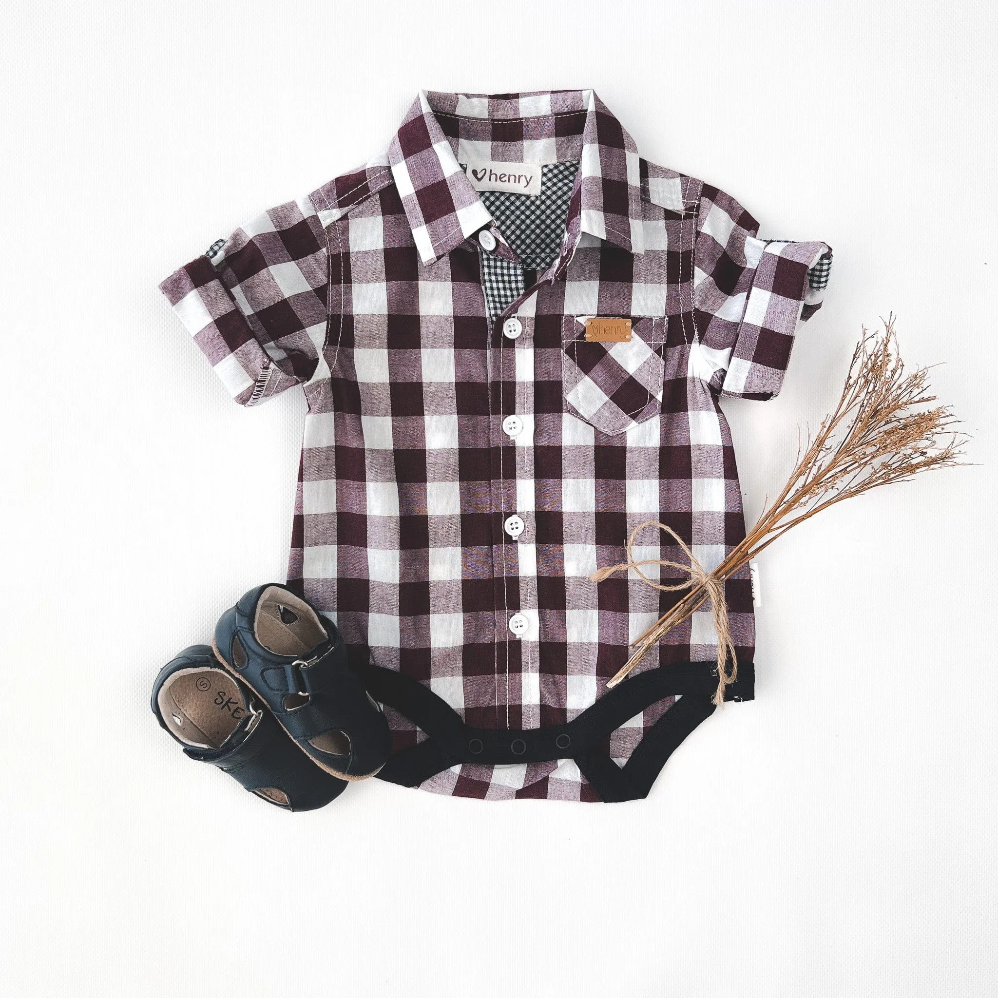 Baby Boys Dress Shirt Romper -  Large Maroon Check