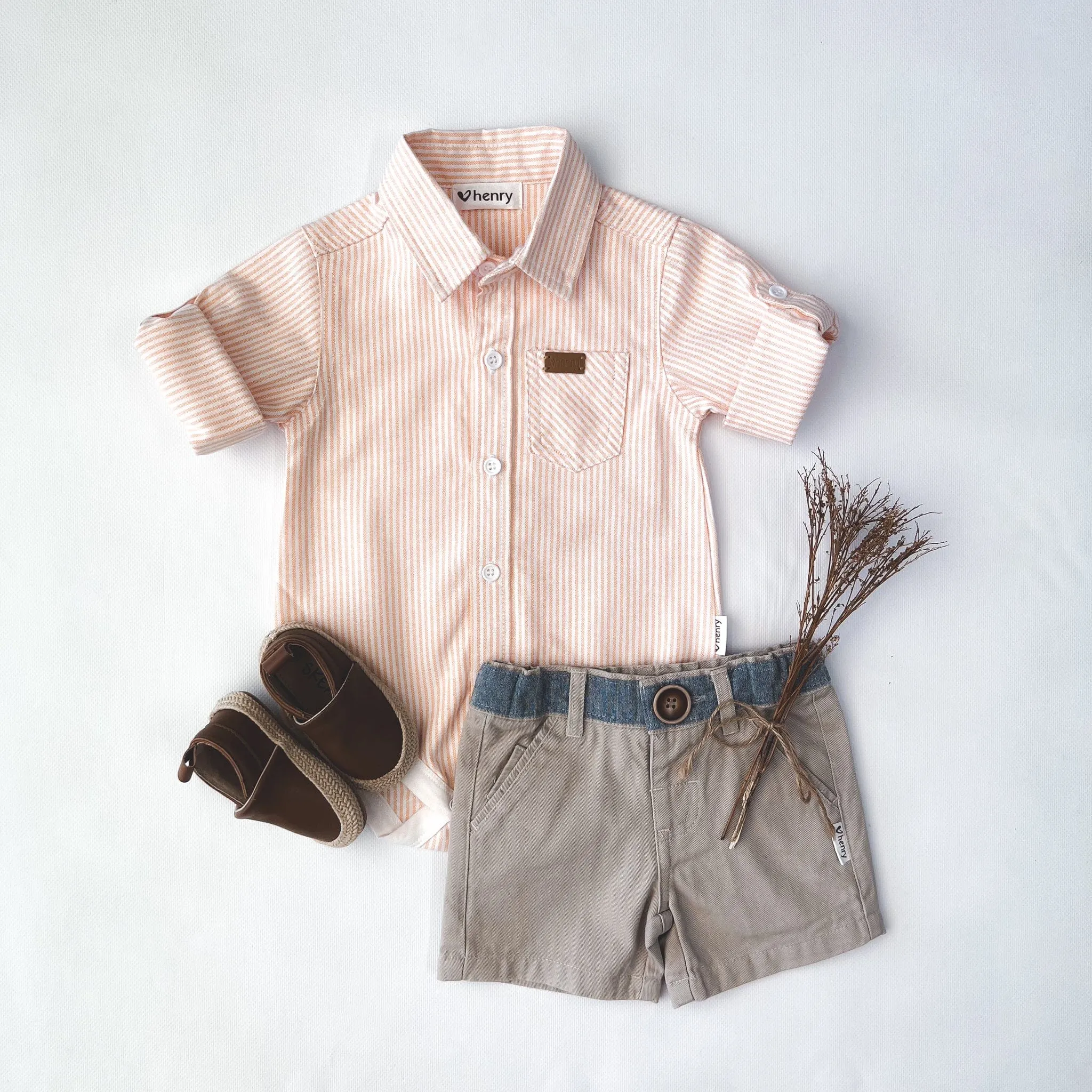 Baby Boys Dress Shirt Romper -  Tangerine Pinstripe