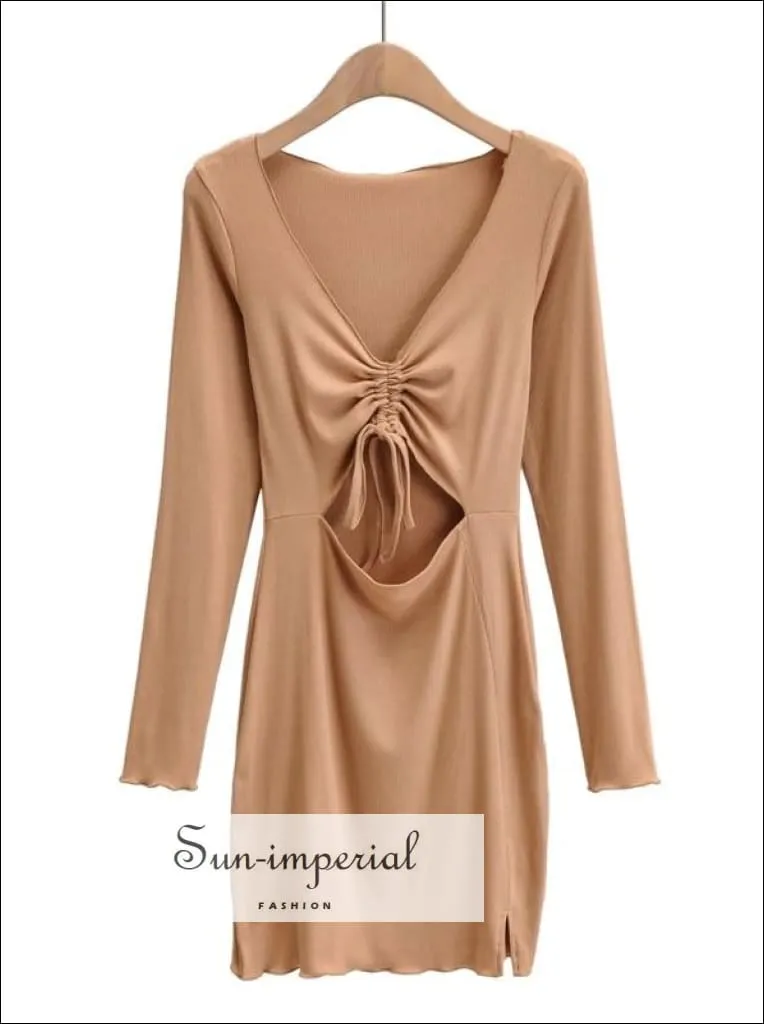 Brown Khaki Drawstring front Bodycon Mini Dress with Cut-out detail Long Sleeved Mini Dress