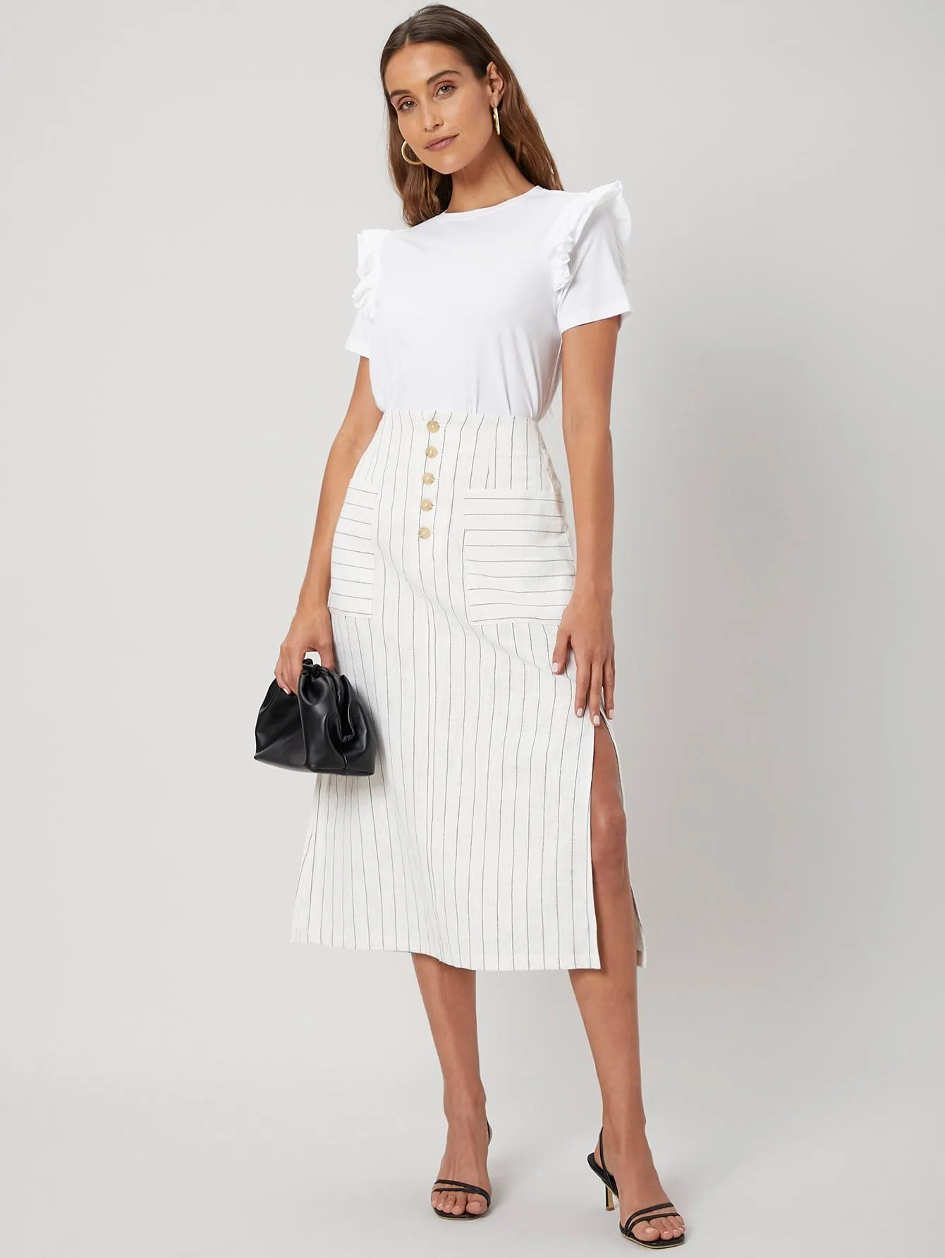 Casual Striped Button Front High Waist Midi Women Skirt