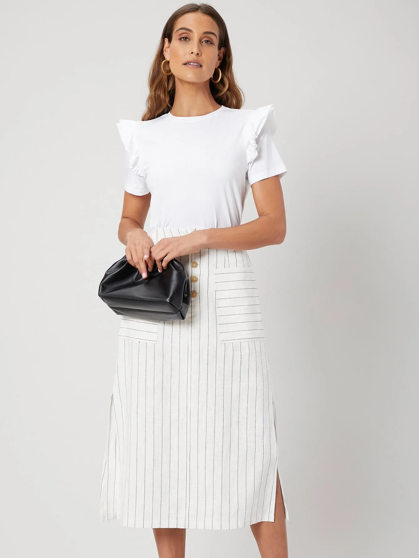 Casual Striped Button Front High Waist Midi Women Skirt