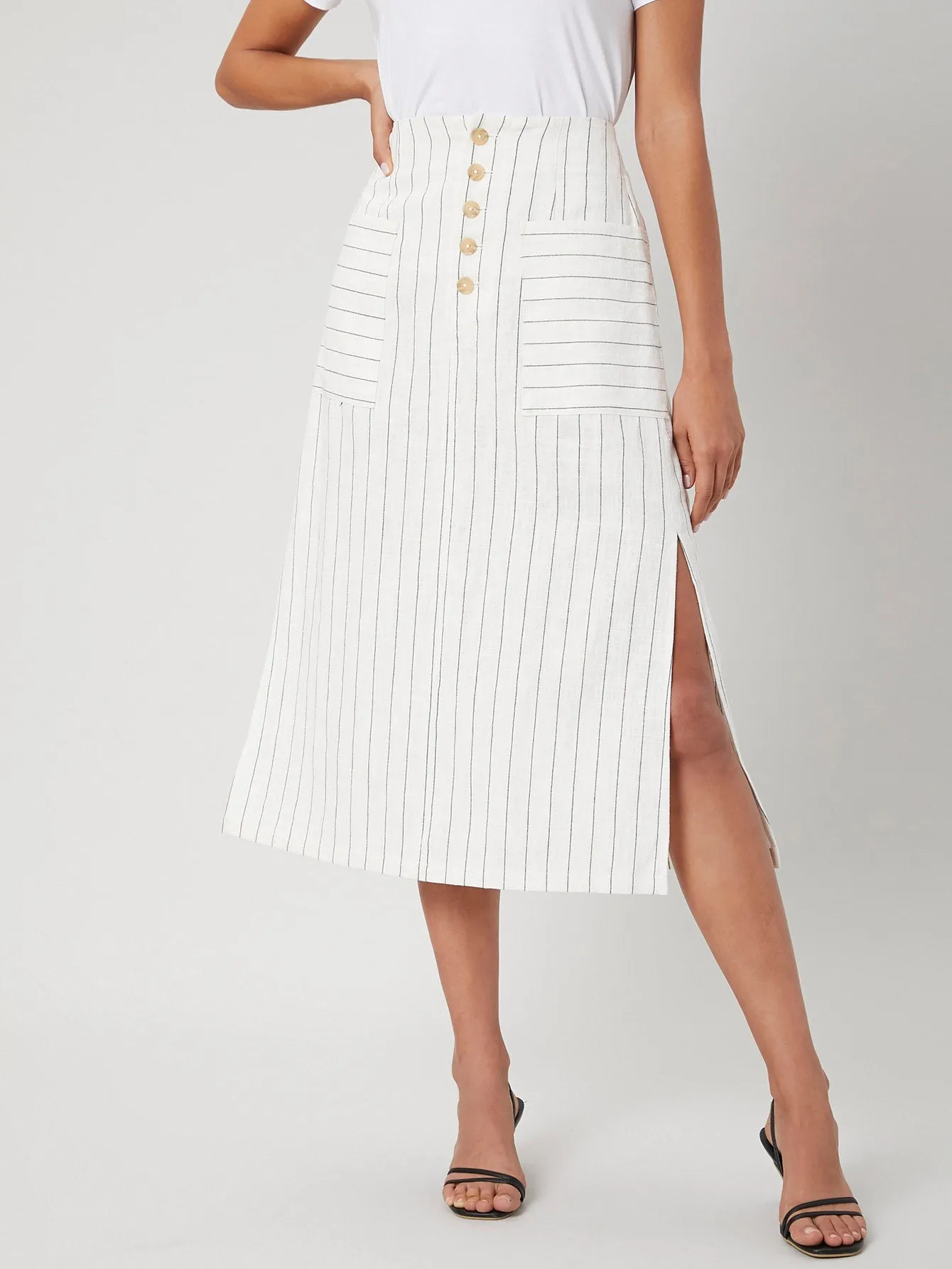 Casual Striped Button Front High Waist Midi Women Skirt