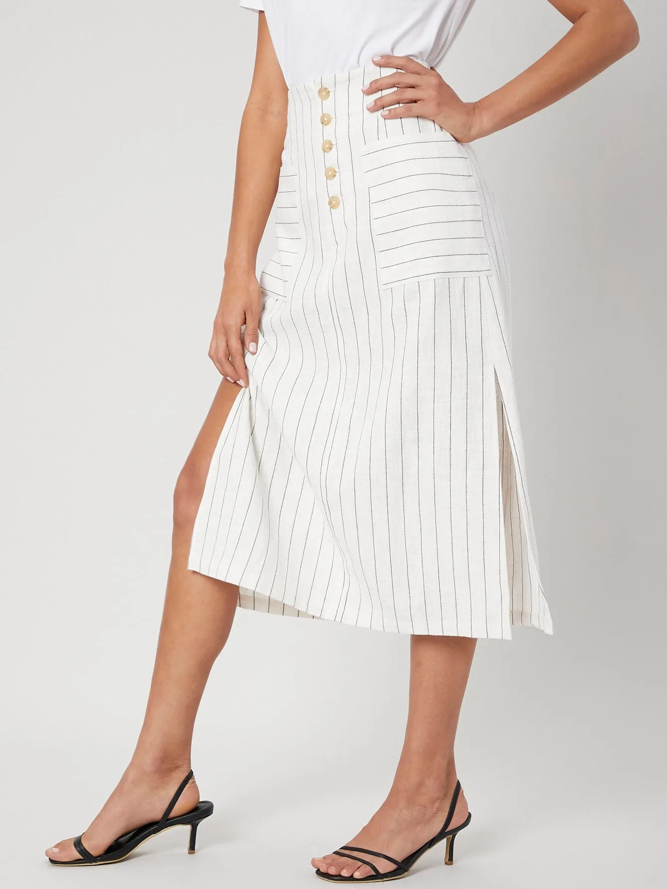 Casual Striped Button Front High Waist Midi Women Skirt