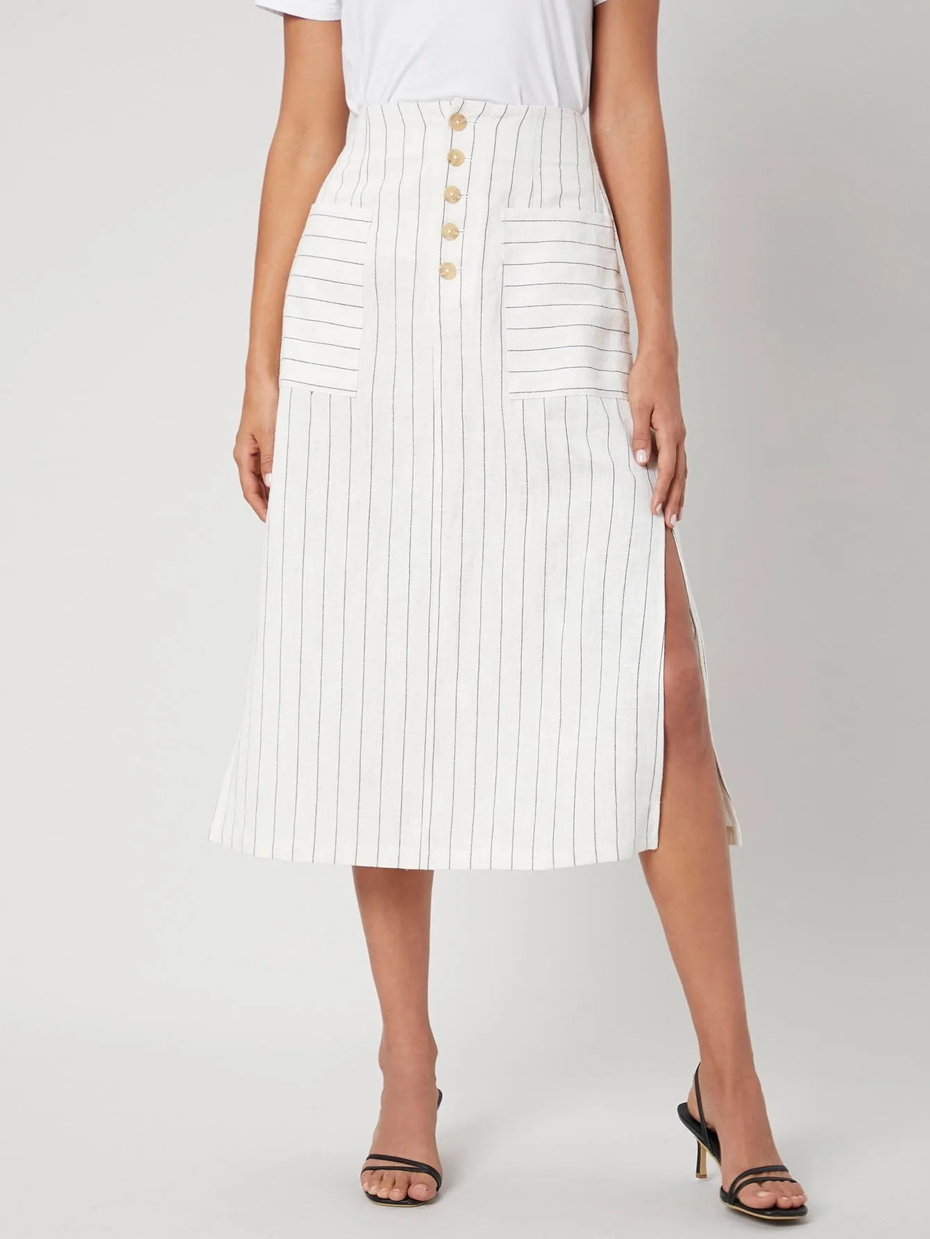 Casual Striped Button Front High Waist Midi Women Skirt