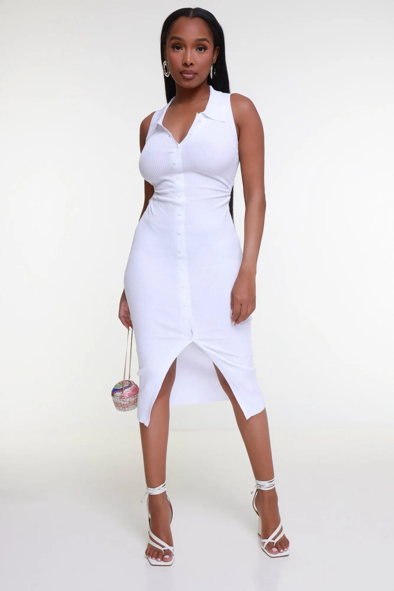 Closure Sleeveless Open Back Midi Dress - White