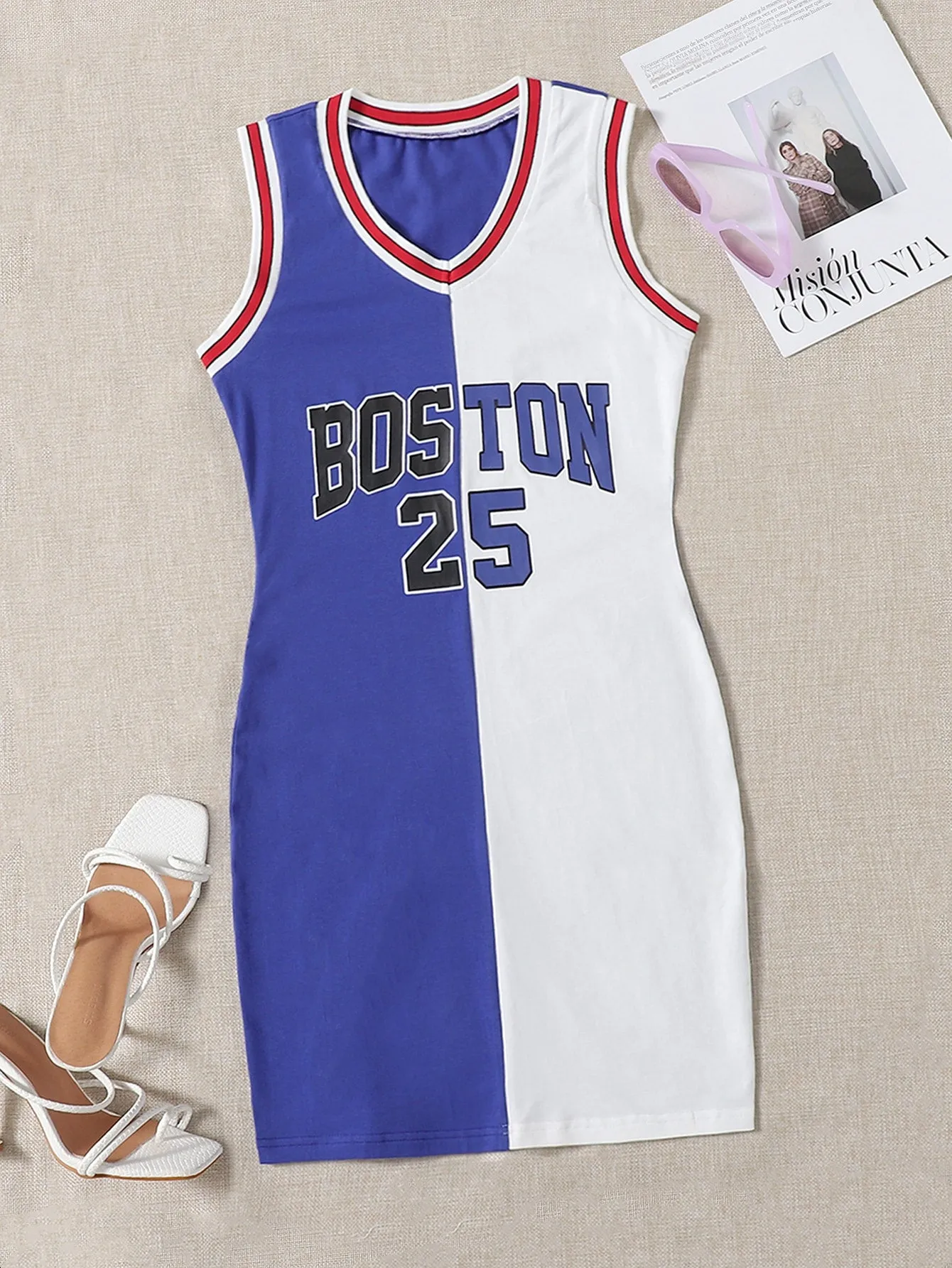 Colorblock Sleeveless V Neck Pencil Natural Short Dress