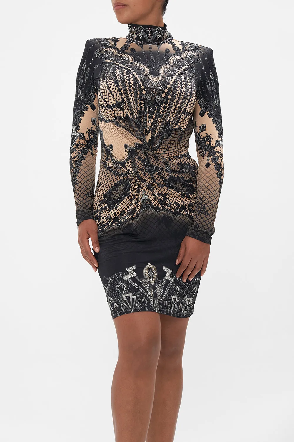 CROSS FRONT MINI DRESS CURTAIN CALL CHAOS