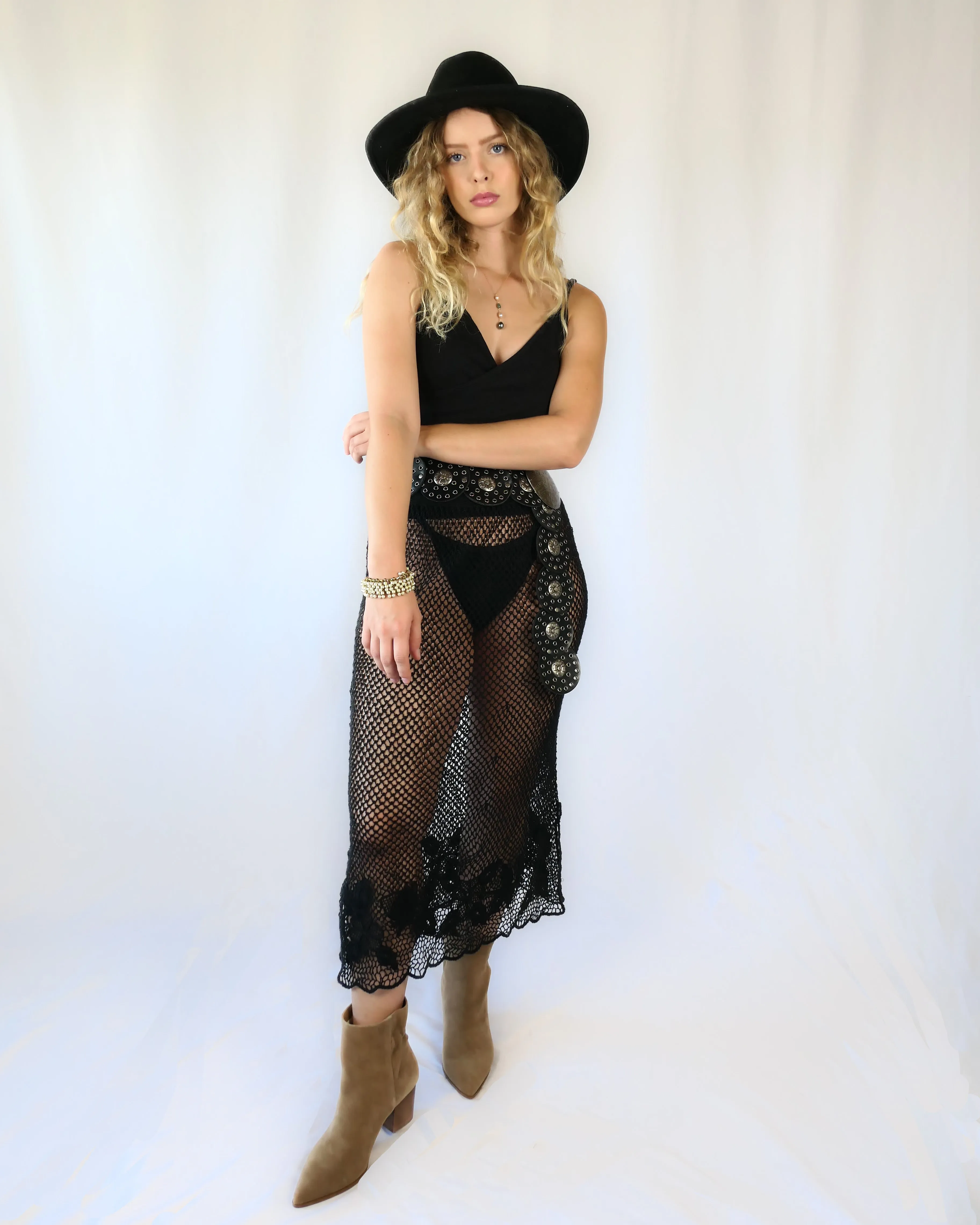 Fishnet Crochet Midi Skirt with Floral Motif Hem