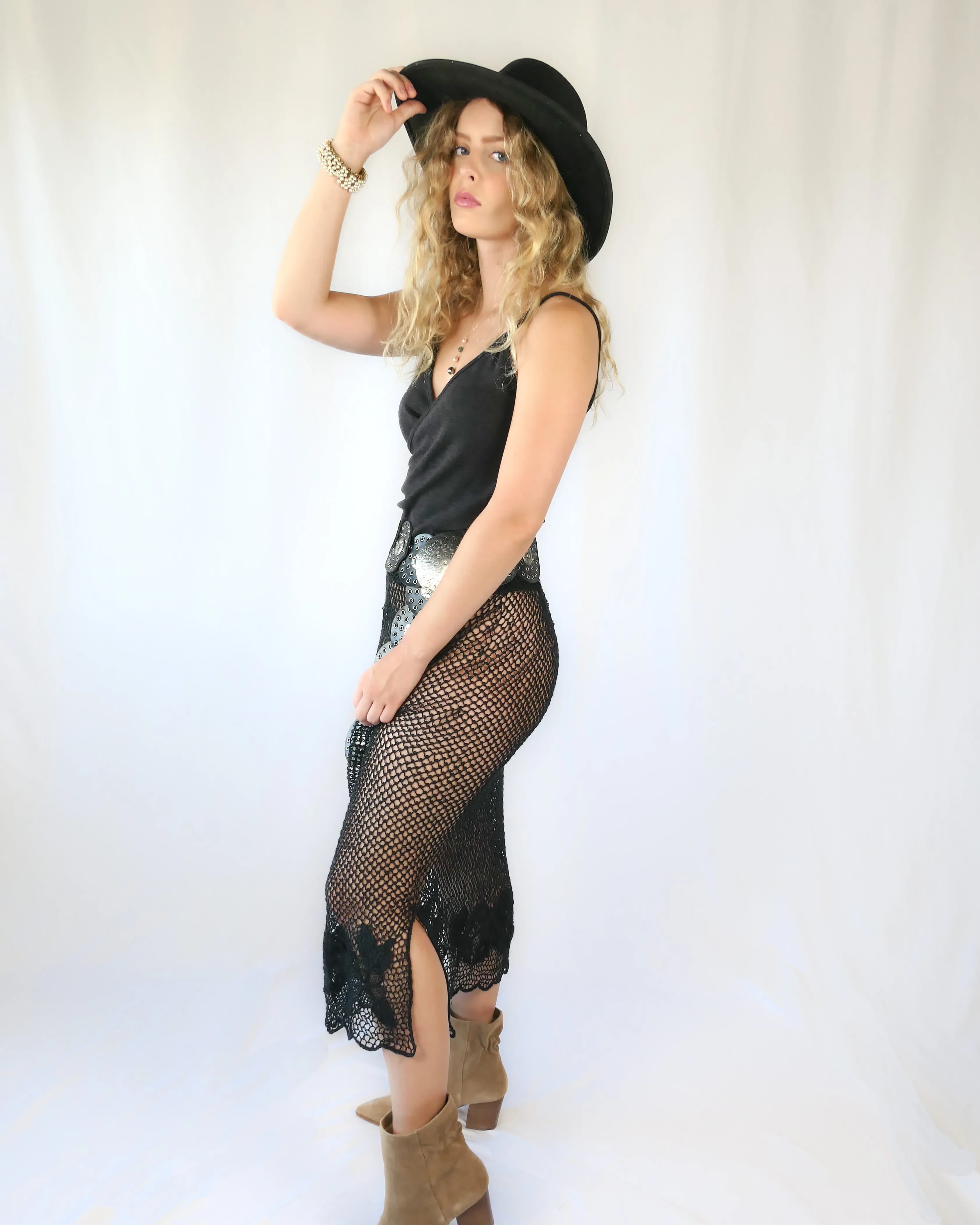Fishnet Crochet Midi Skirt with Floral Motif Hem