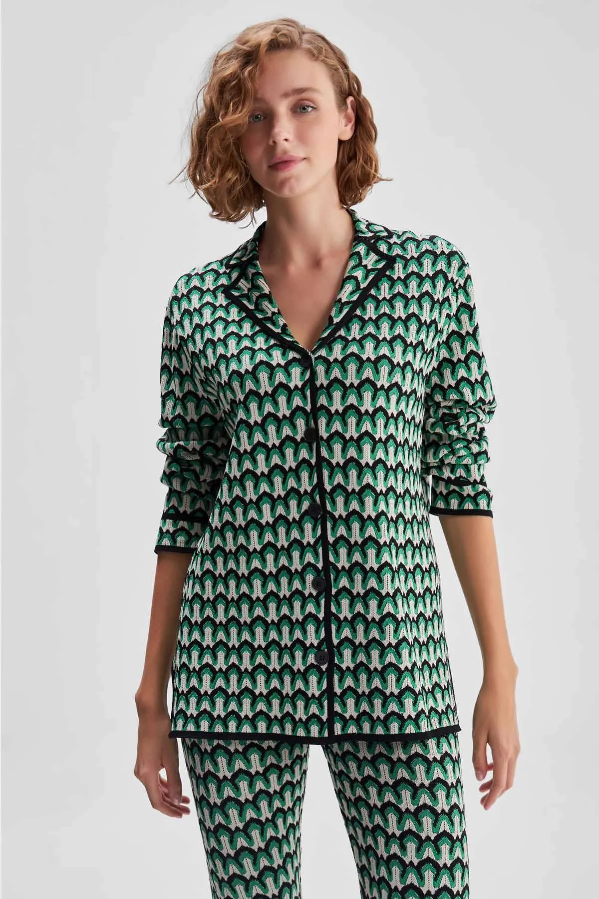 Geometric Patterned Green Knitwear Kimono Jacket