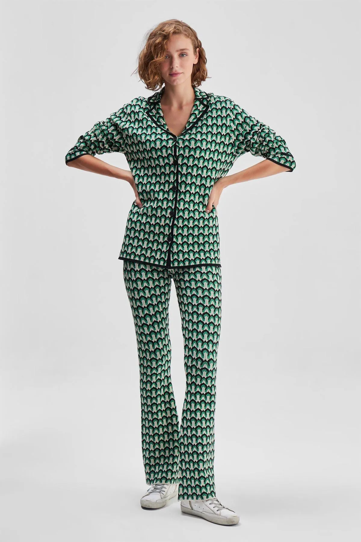 Geometric Patterned Wide Leg Green Knitwear Trousers