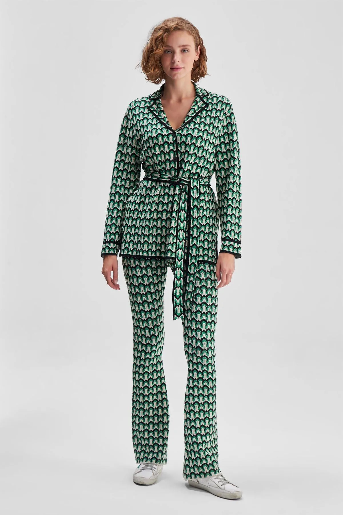 Geometric Patterned Wide Leg Green Knitwear Trousers