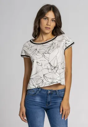 Iris Cotton Top - Oversized, Printed Black and White Cotton Stretch, Short Sleeves, Kimono Shoulders, Cotton Lace Trimmings