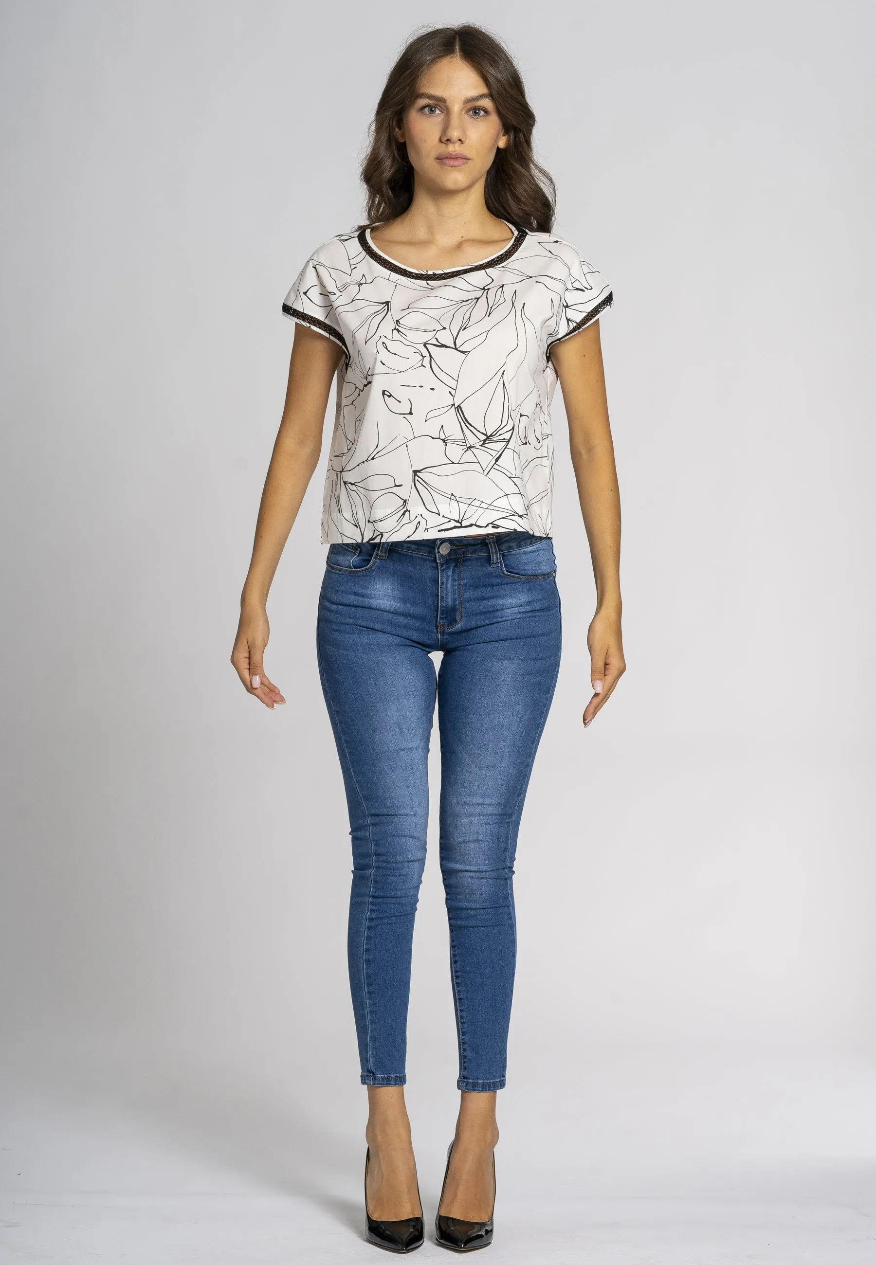 Iris Cotton Top - Oversized, Printed Black and White Cotton Stretch, Short Sleeves, Kimono Shoulders, Cotton Lace Trimmings