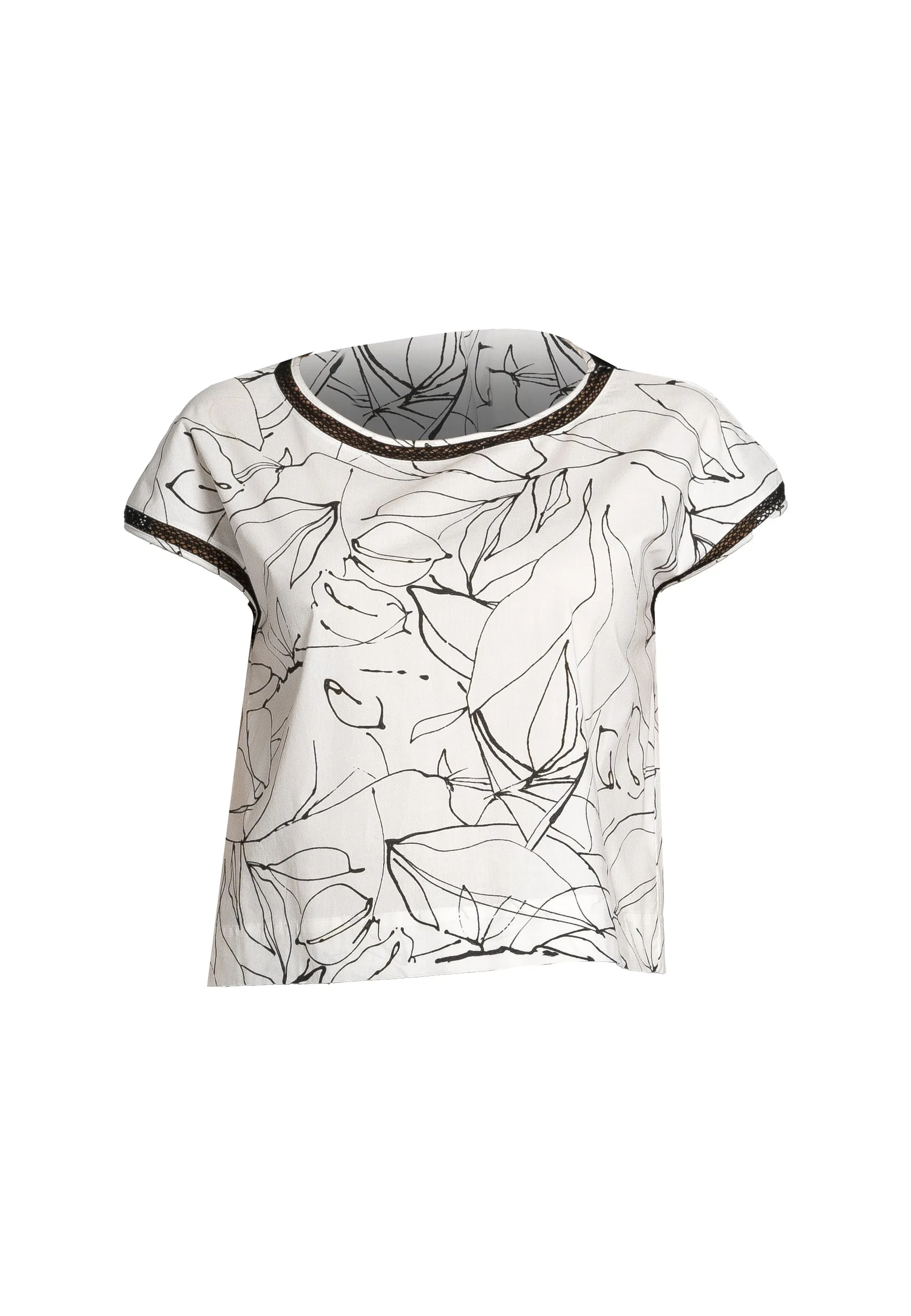 Iris Cotton Top - Oversized, Printed Black and White Cotton Stretch, Short Sleeves, Kimono Shoulders, Cotton Lace Trimmings