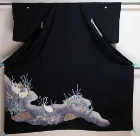 Japanese Herons Black Tomesode - Purple Waves River Lake - Birds Animals Fading Flowers Vintage Kuro