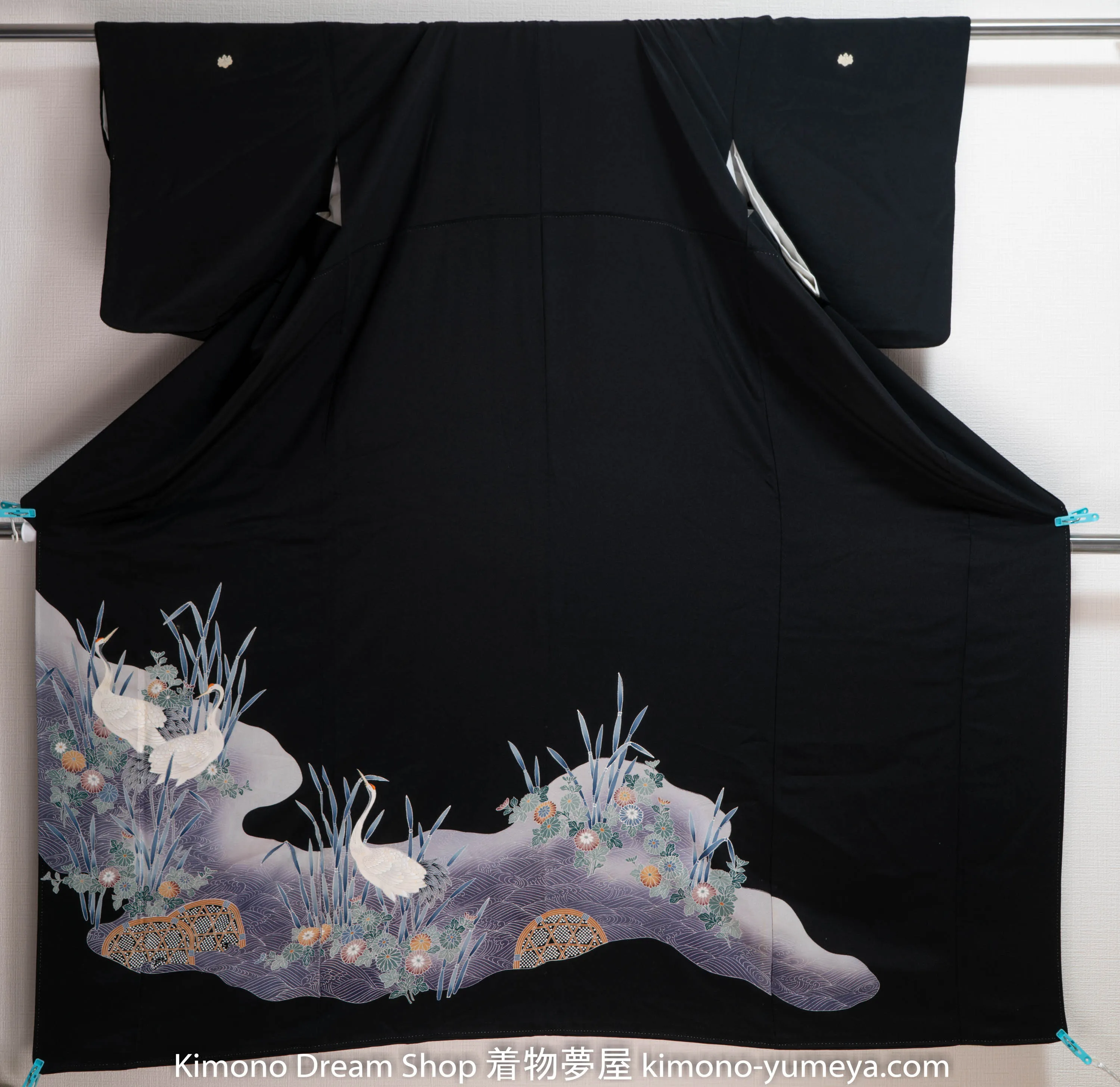 Japanese Herons Black Tomesode - Purple Waves River Lake - Birds Animals Fading Flowers Vintage Kuro