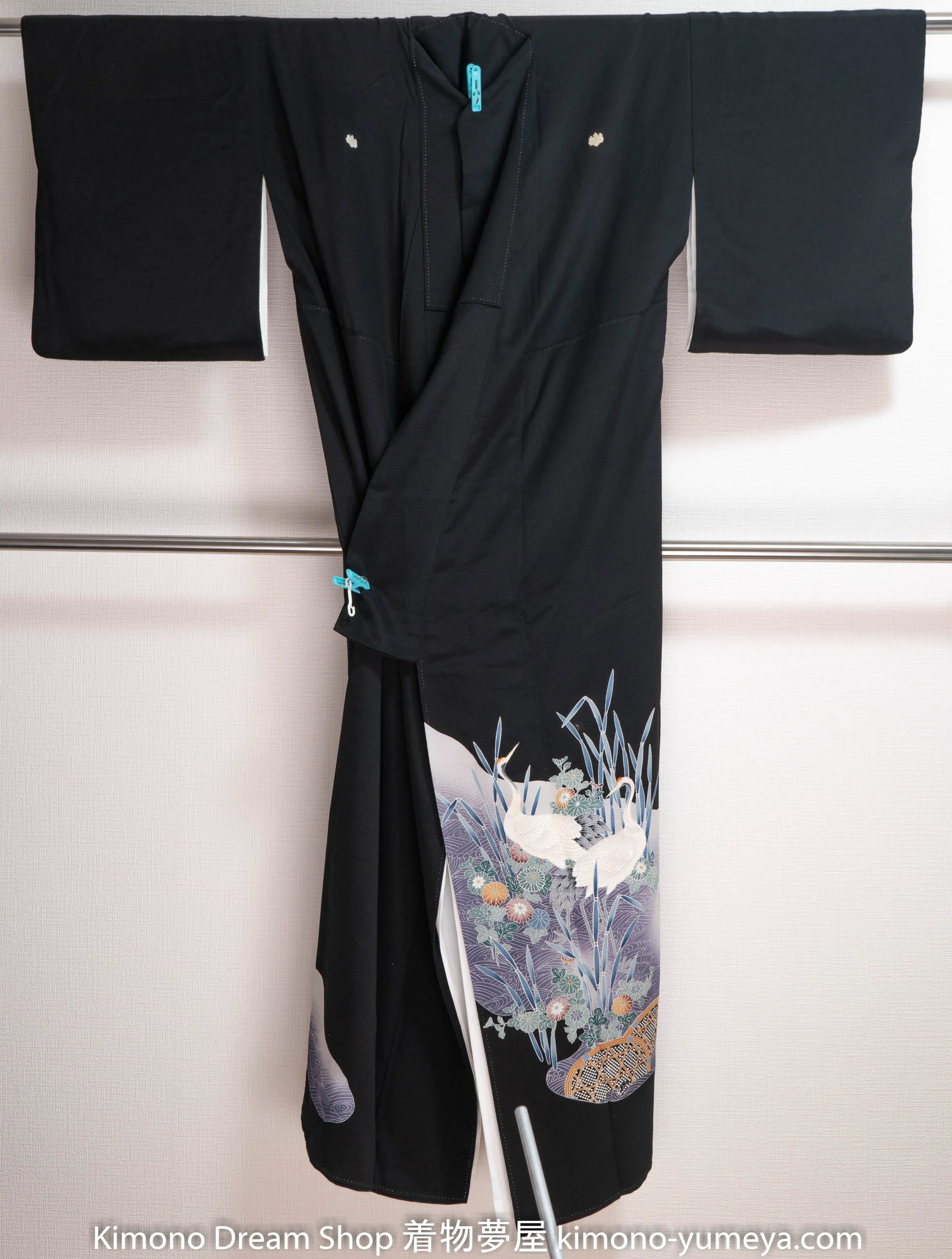 Japanese Herons Black Tomesode - Purple Waves River Lake - Birds Animals Fading Flowers Vintage Kuro