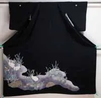 Japanese Herons Black Tomesode - Purple Waves River Lake - Birds Animals Fading Flowers Vintage Kuro