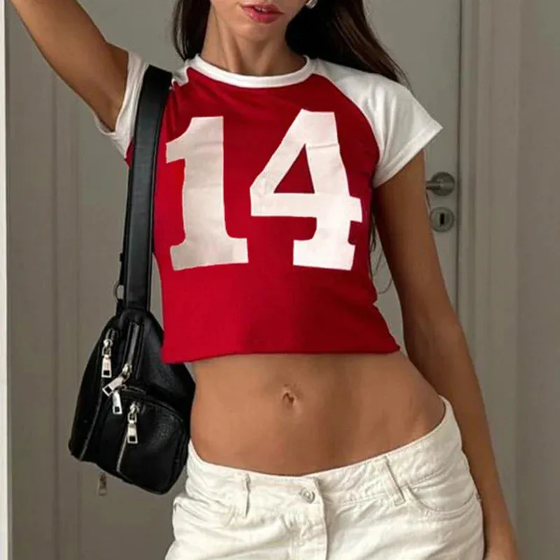 Metaversmall Casual Sporty Chic Bodycon Summer T shirts Female Digital Printed Crop Top Women Harajuku Tees Contrast Color Outfits