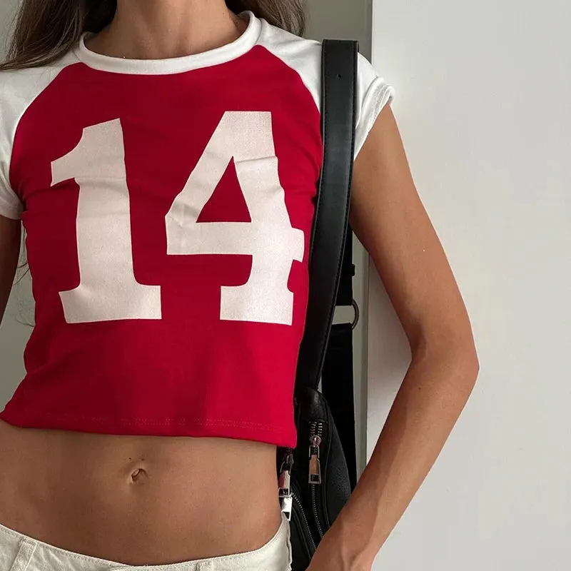 Metaversmall Casual Sporty Chic Bodycon Summer T shirts Female Digital Printed Crop Top Women Harajuku Tees Contrast Color Outfits