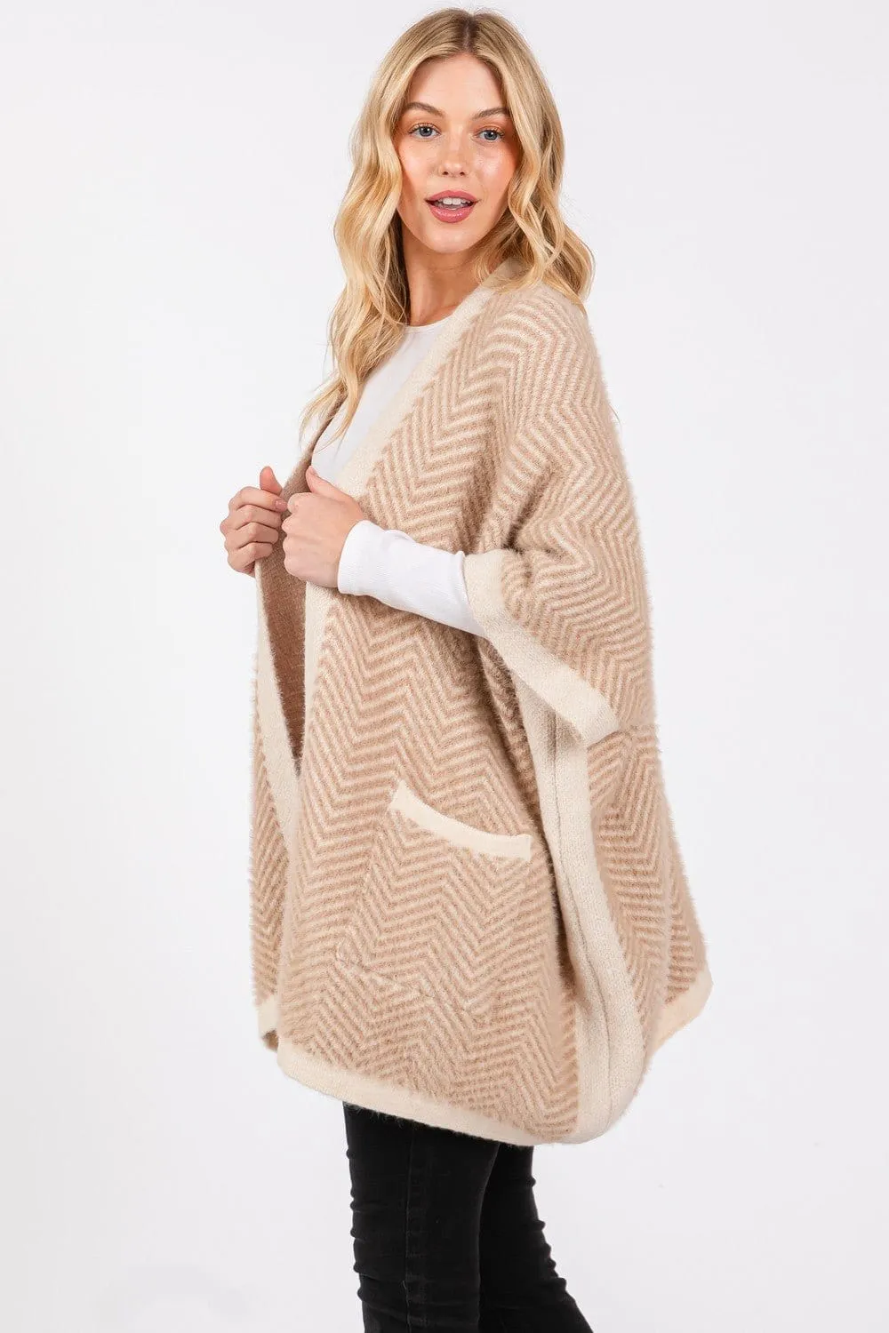MS0397 Fuzzy Herringbone Knit Kimono With Pockets