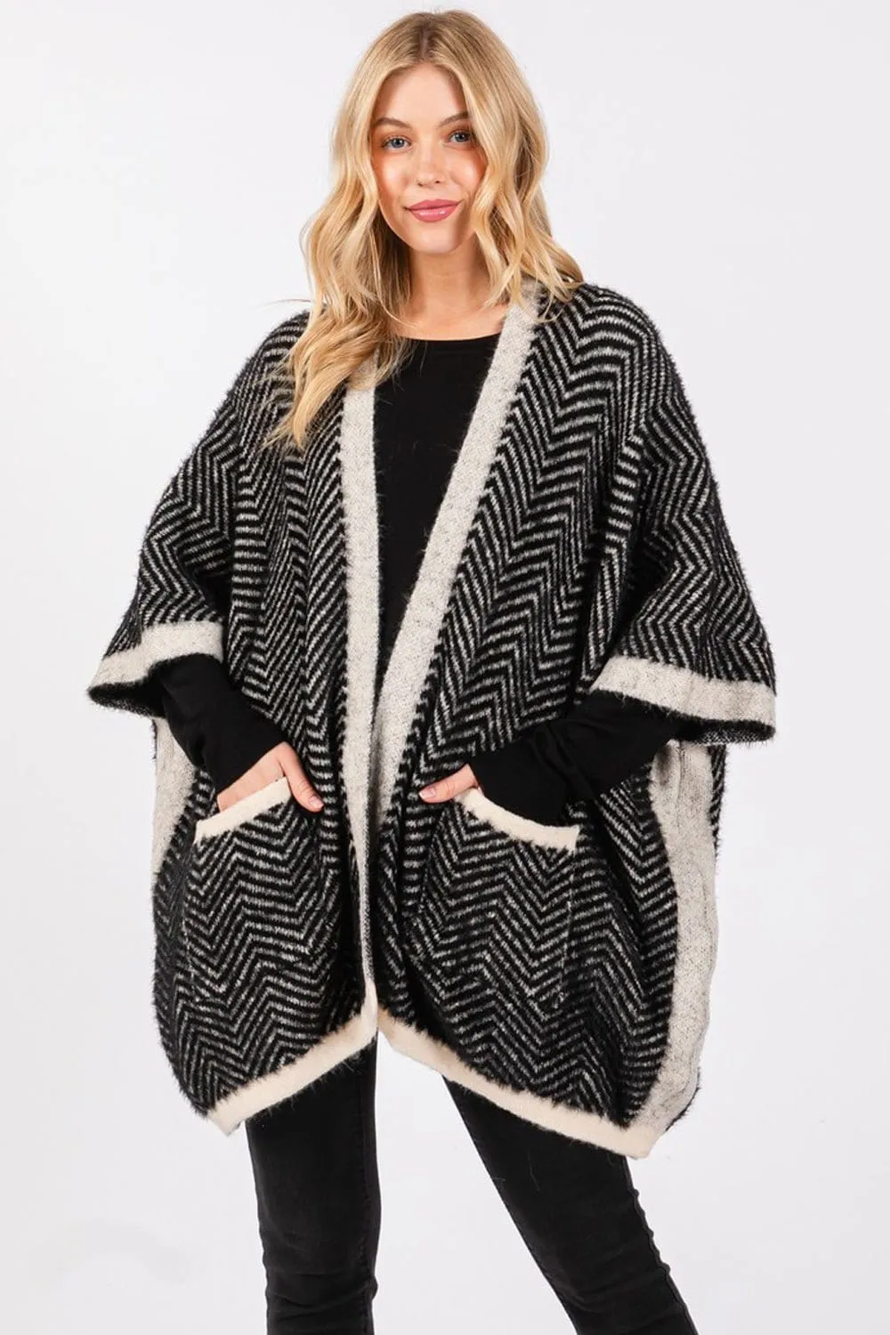 MS0397 Fuzzy Herringbone Knit Kimono With Pockets