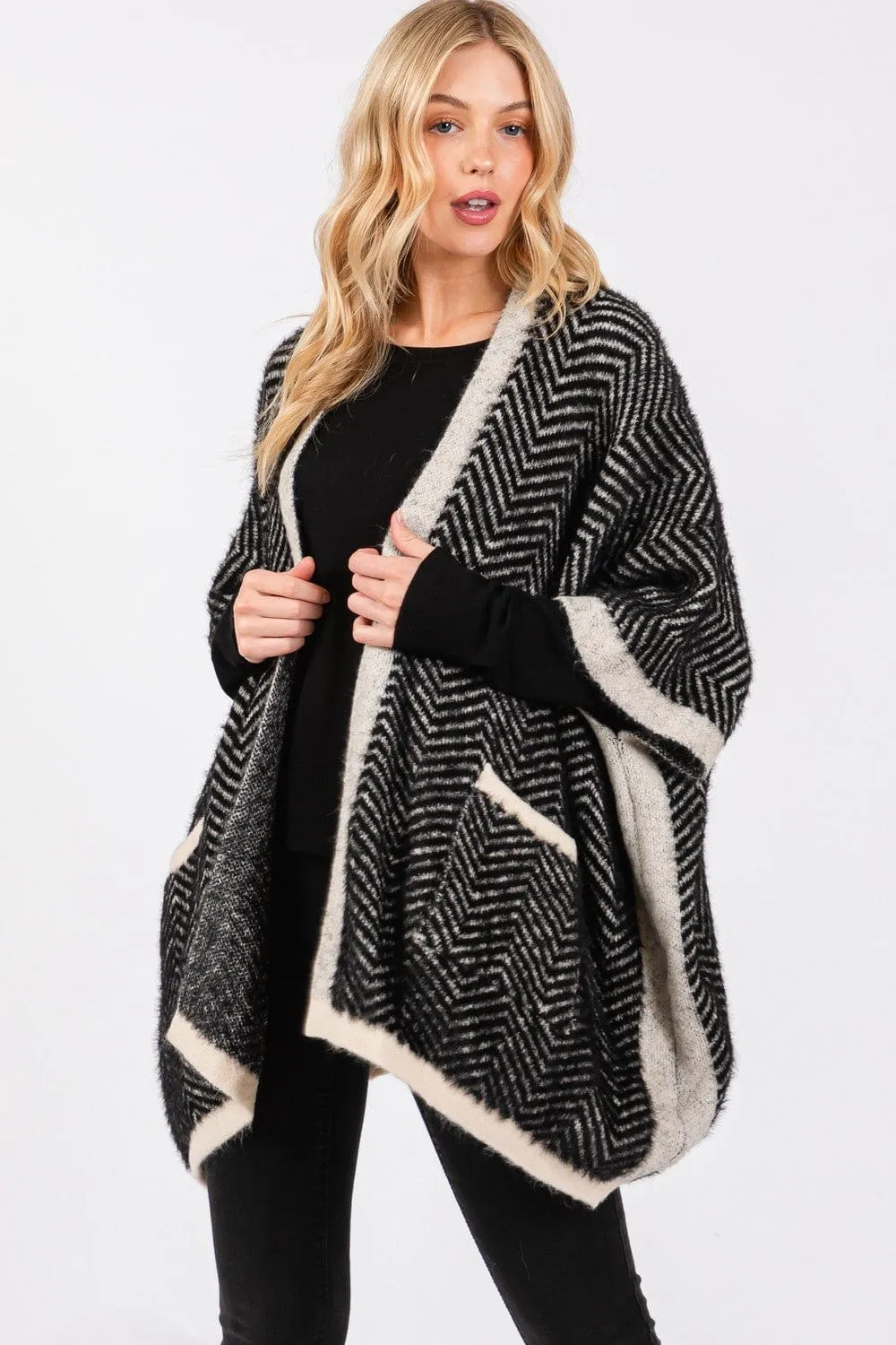 MS0397 Fuzzy Herringbone Knit Kimono With Pockets