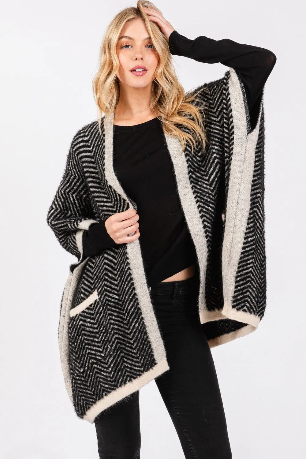 MS0397 Fuzzy Herringbone Knit Kimono With Pockets