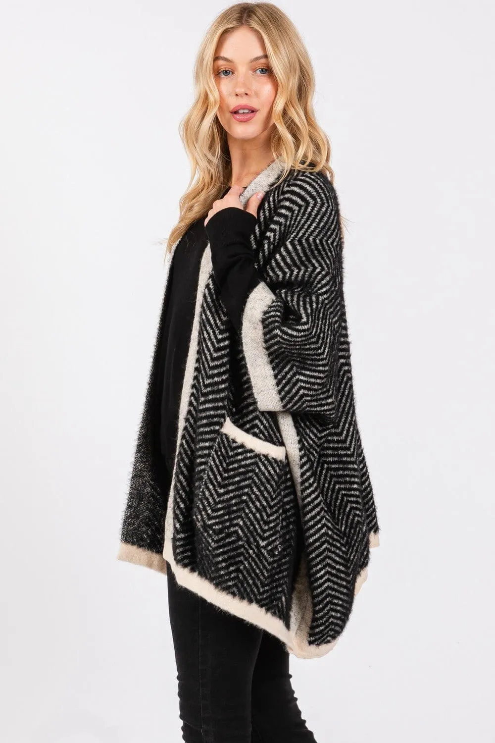 MS0397 Fuzzy Herringbone Knit Kimono With Pockets