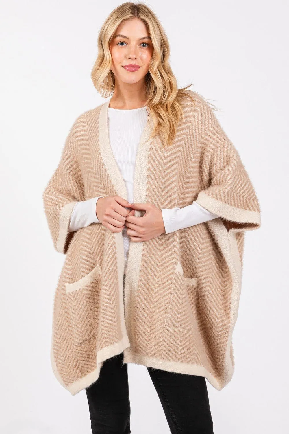 MS0397 Fuzzy Herringbone Knit Kimono With Pockets