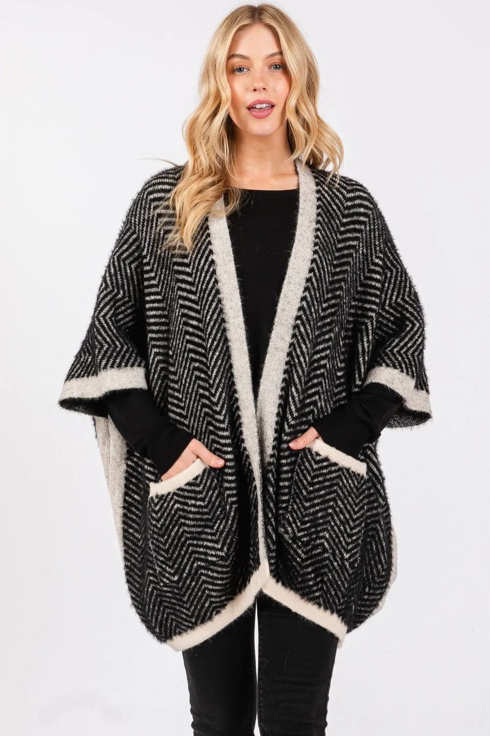 MS0397 Fuzzy Herringbone Knit Kimono With Pockets