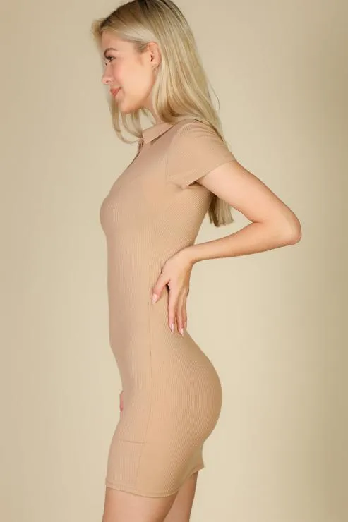 Ribbed Polo Short Sleeve Bodycon Mini Dress