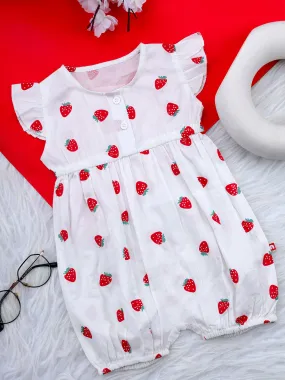 Round Neck Cap Sleeves Strawberry Print Frill Romper For Baby Girl