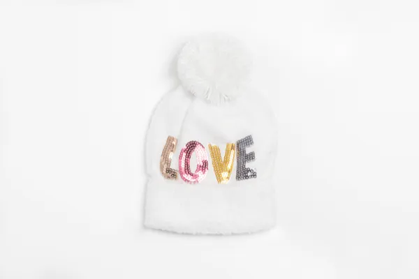 Sequin LOVE Knit Hat with a Pom