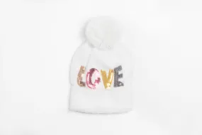 Sequin LOVE Knit Hat with a Pom